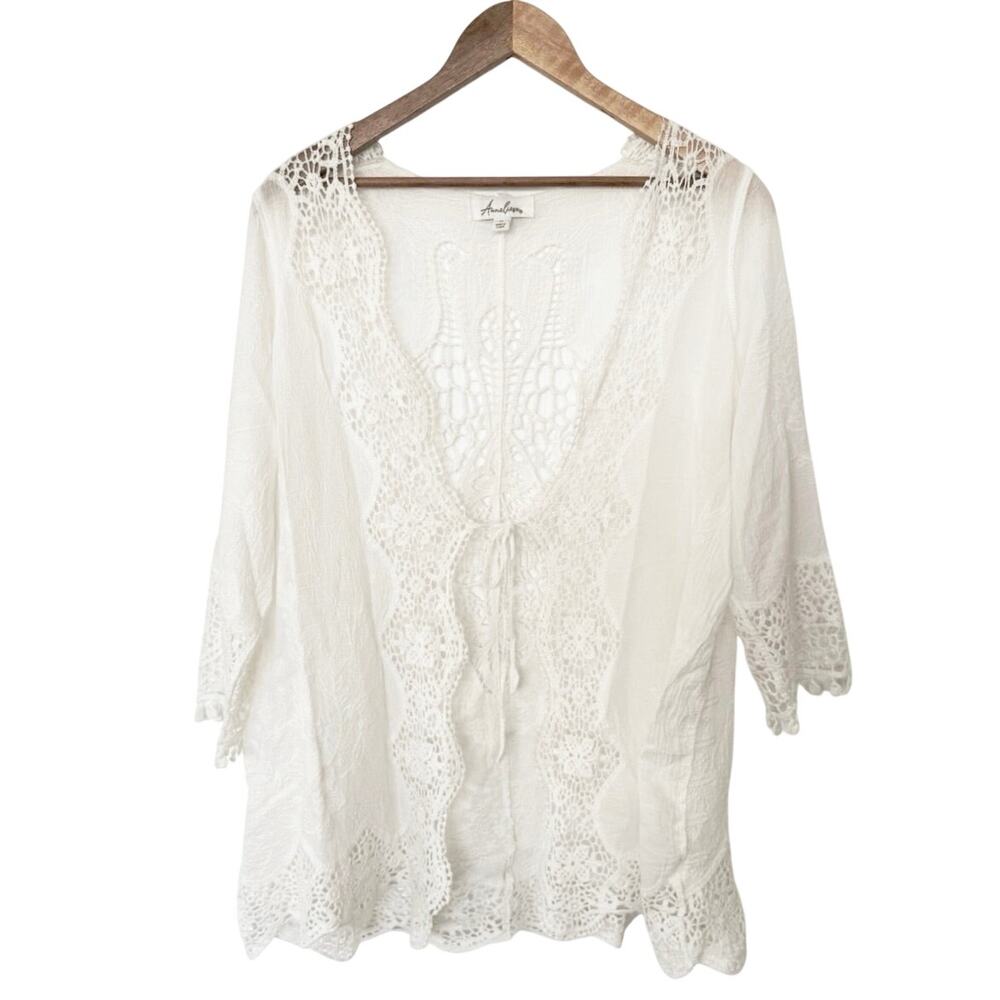 Anneliese White Cotton Crochet Lace Kimono Cardigan Open Front Boho Shrug Medium